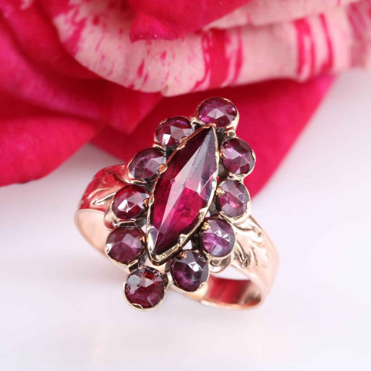 Old Marquise Rose Gold Garnet Ring-photo-3