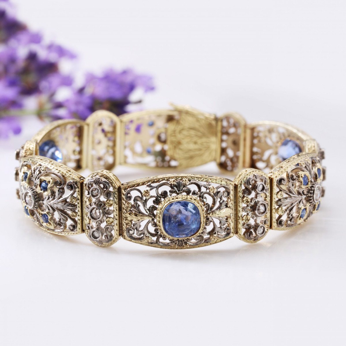 Old Natural Sapphires And Diamonds Lace Bracelet-photo-3