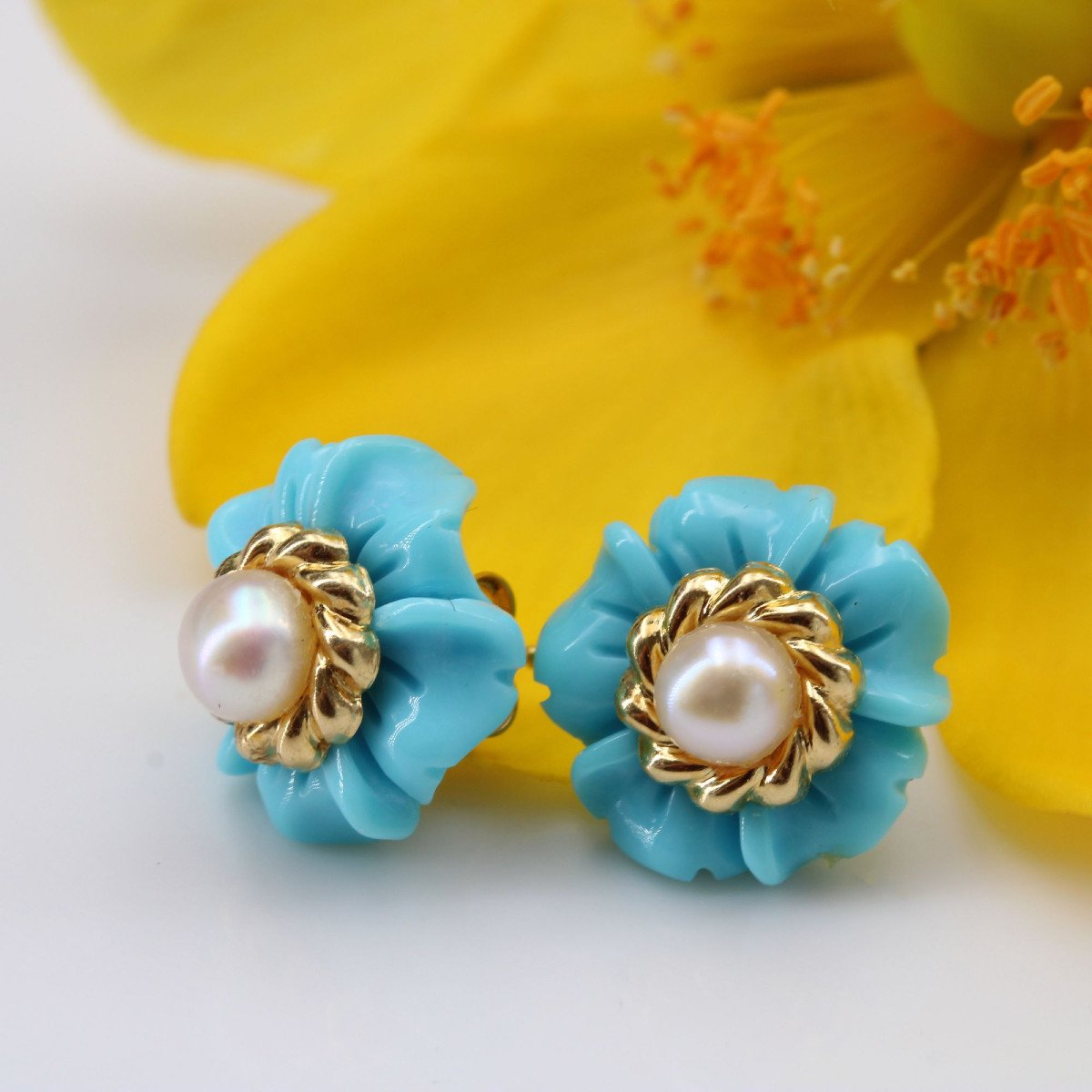 Boucles d'Oreilles Turquoises Perles Et Or-photo-1