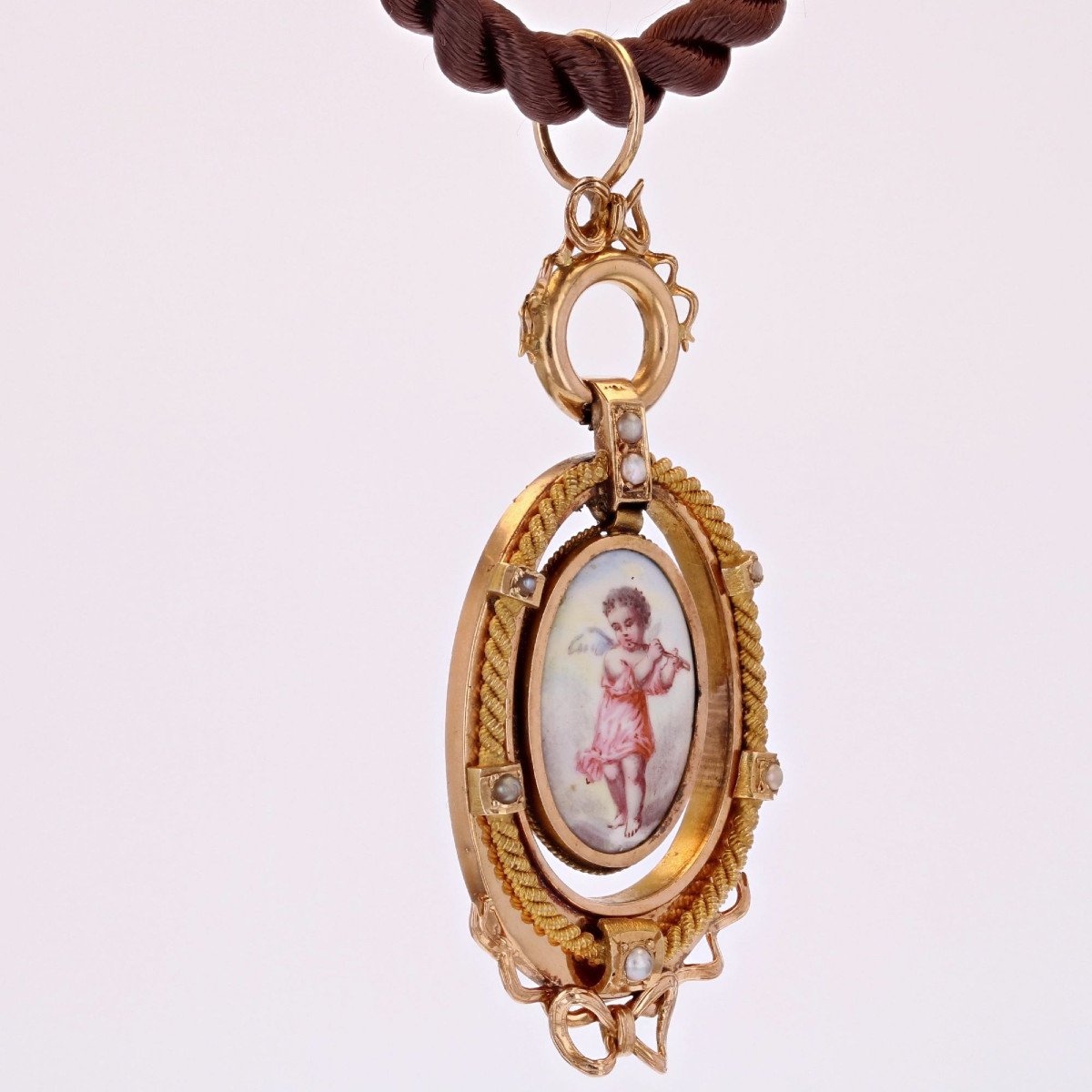 Old Miniature Pendant On Mother Of Pearl And Fine Pearls-photo-3