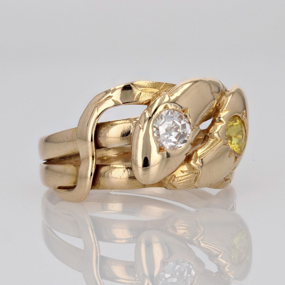 Bague Ancienne Serpents Diamant Et Saphir Jaune-photo-6