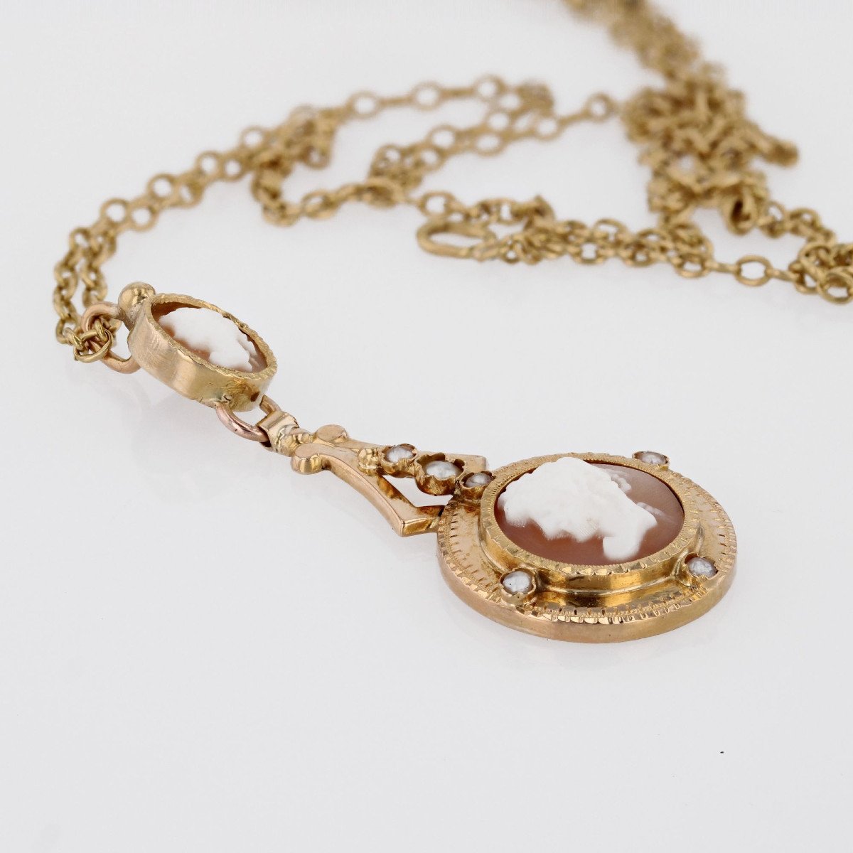 Antique Fine Pearl Cameo Pendant And Its Chain-photo-3