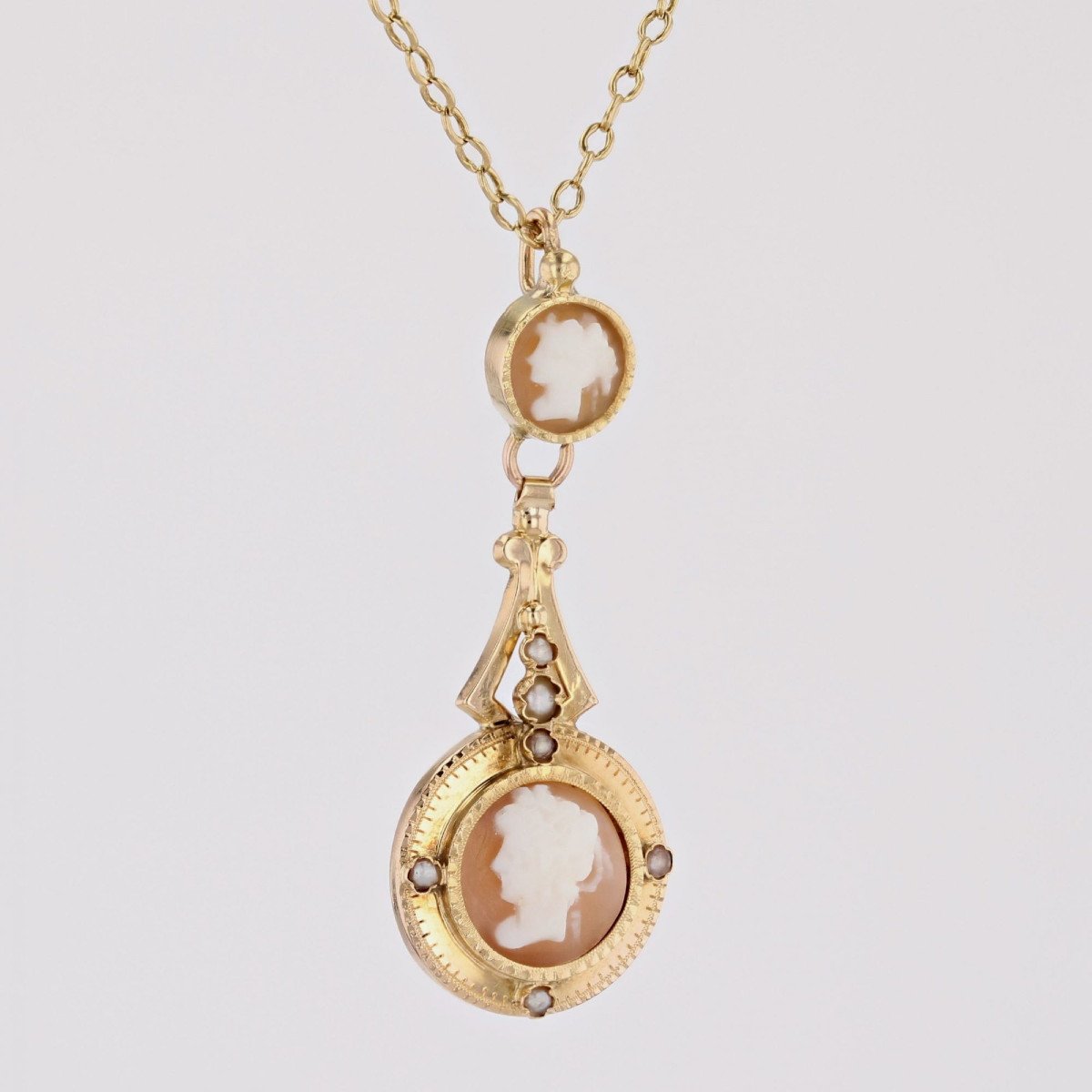 Antique Fine Pearl Cameo Pendant And Its Chain-photo-1