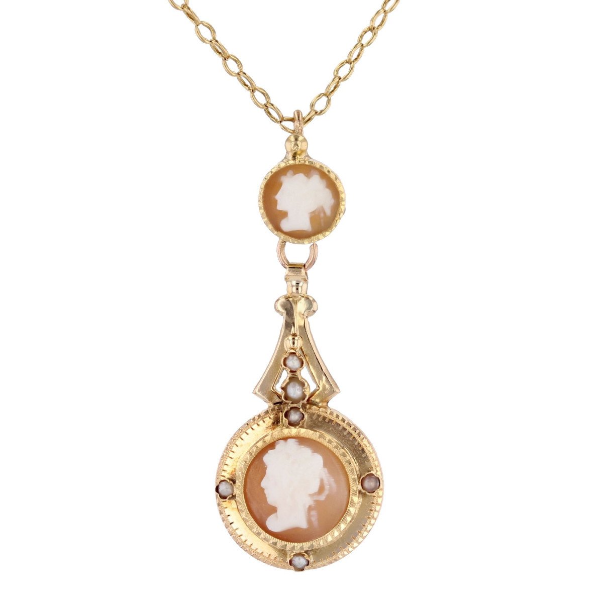 Antique Fine Pearl Cameo Pendant And Its Chain