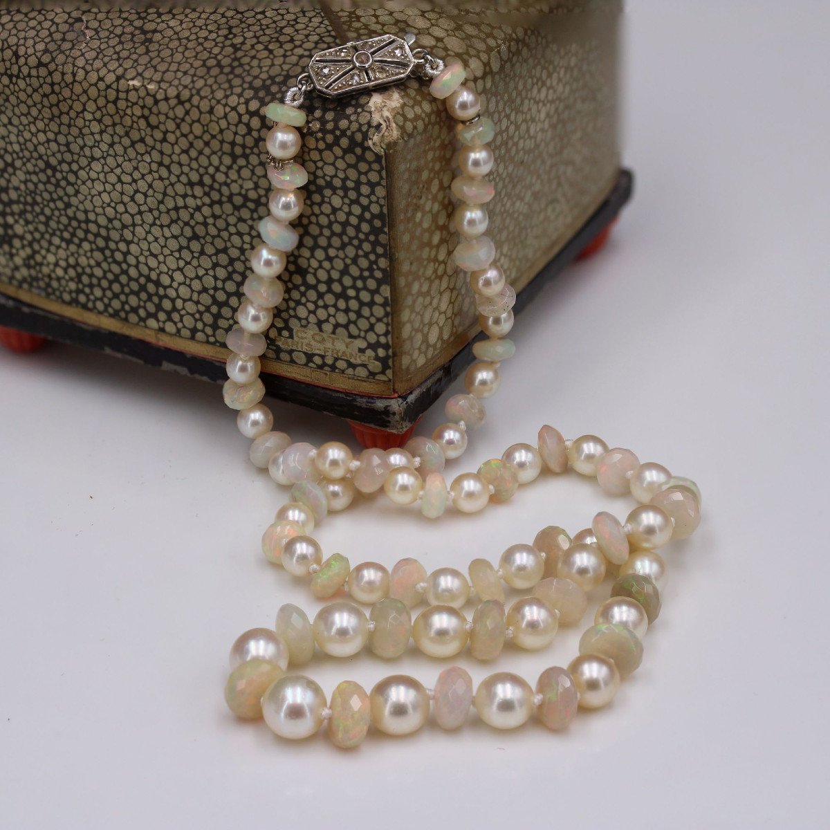 Cultured Pearl And Faceted Opal Bead Necklace-photo-3