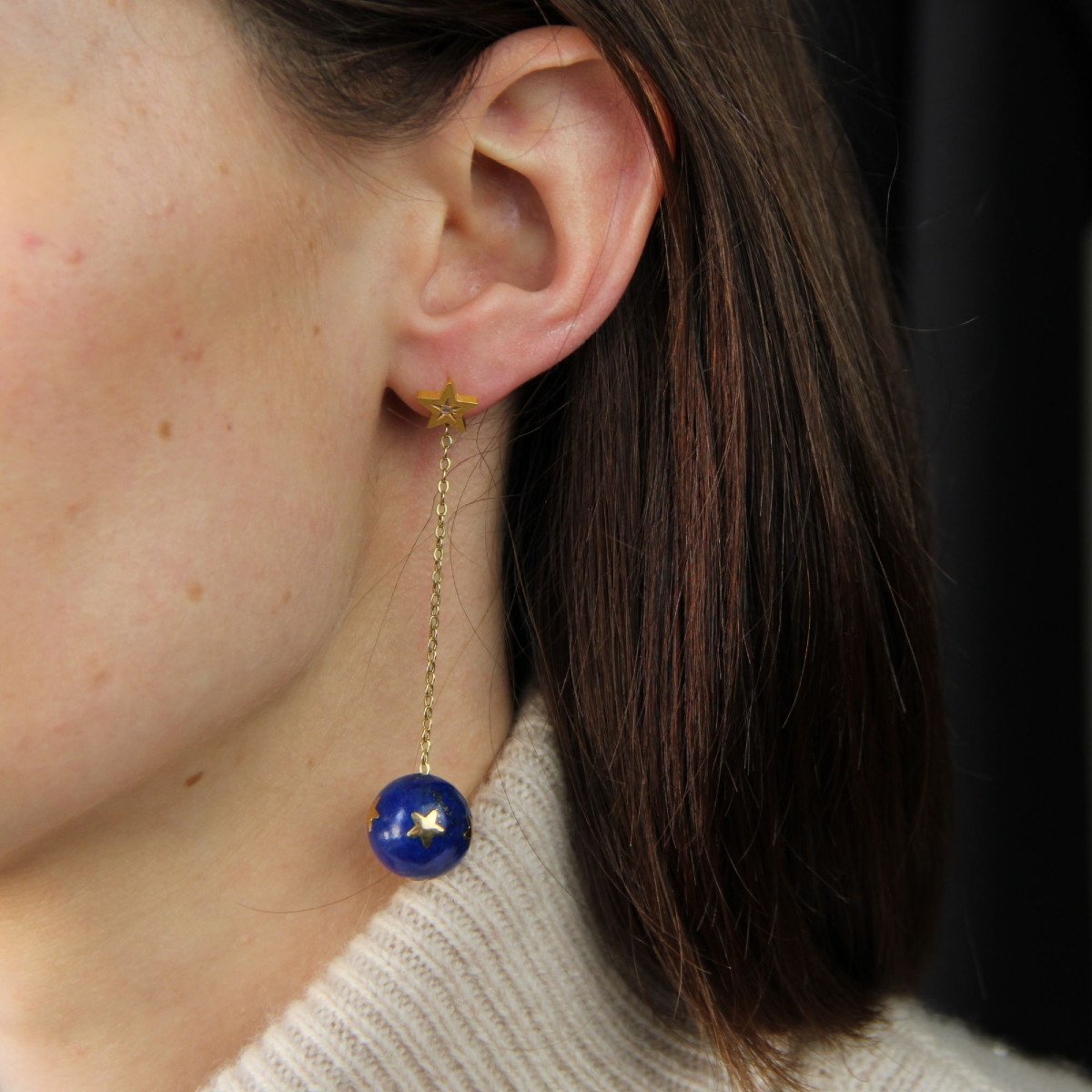 Pendants d'Oreilles Anciens étoiles Or Diamants Taillés En Rose Et Ses Boules De Lapis-lazuli-photo-2