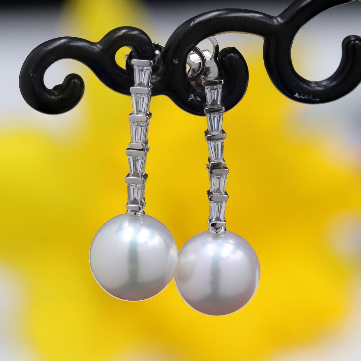 Akoya Pearl And Trapezoid Diamond Drop Earrings-photo-3