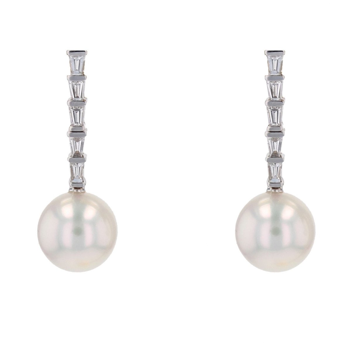 Akoya Pearl And Trapezoid Diamond Drop Earrings