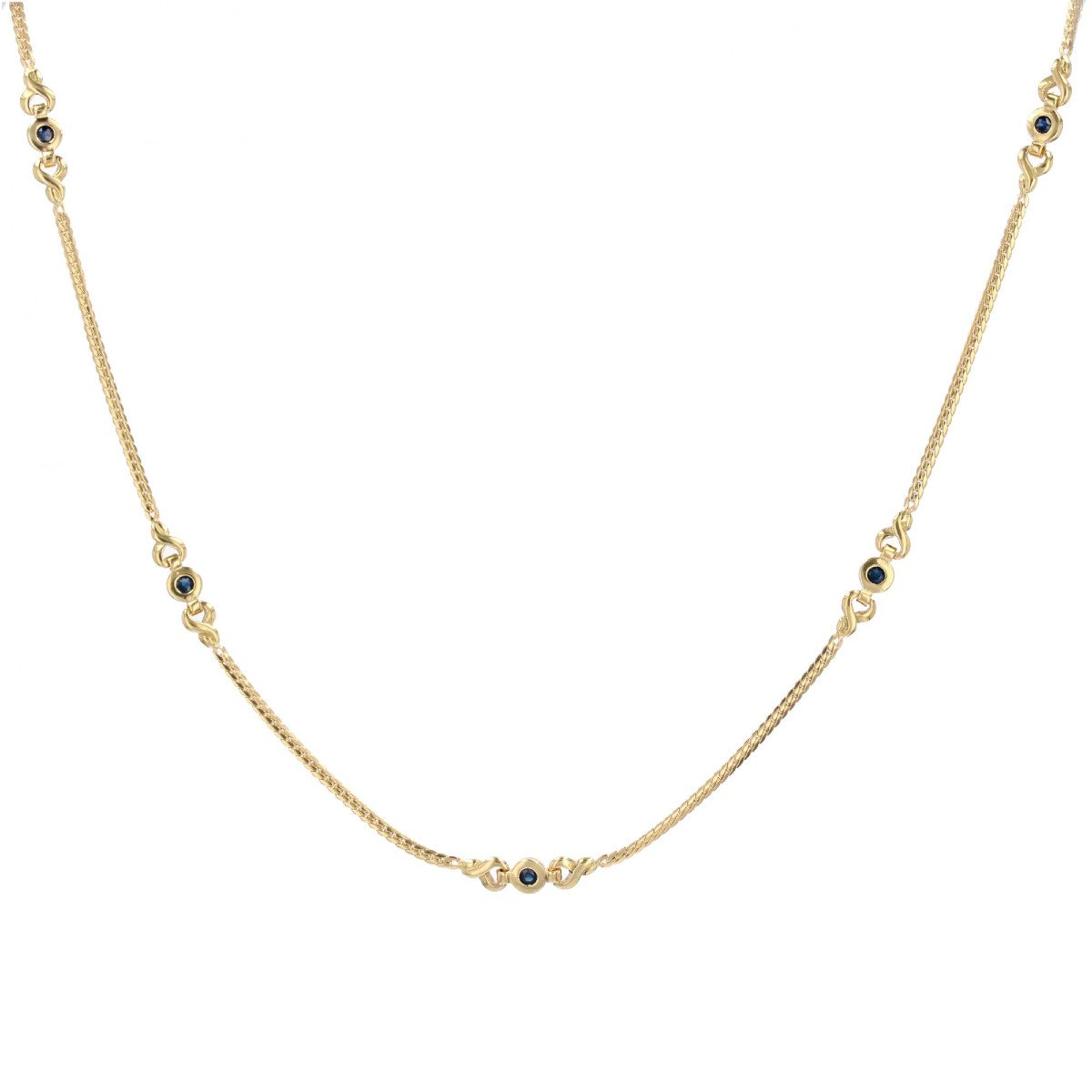 Fine Gold Flat Curb Chain Necklace And Its Motifs With Sapphires