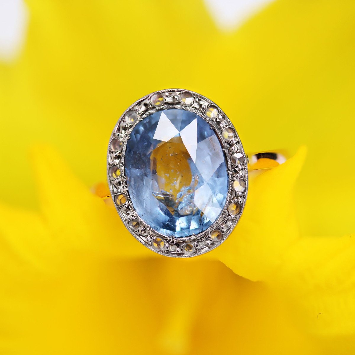 Old Oval Natural Sapphire And Rose Cut Diamonds Ring-photo-3