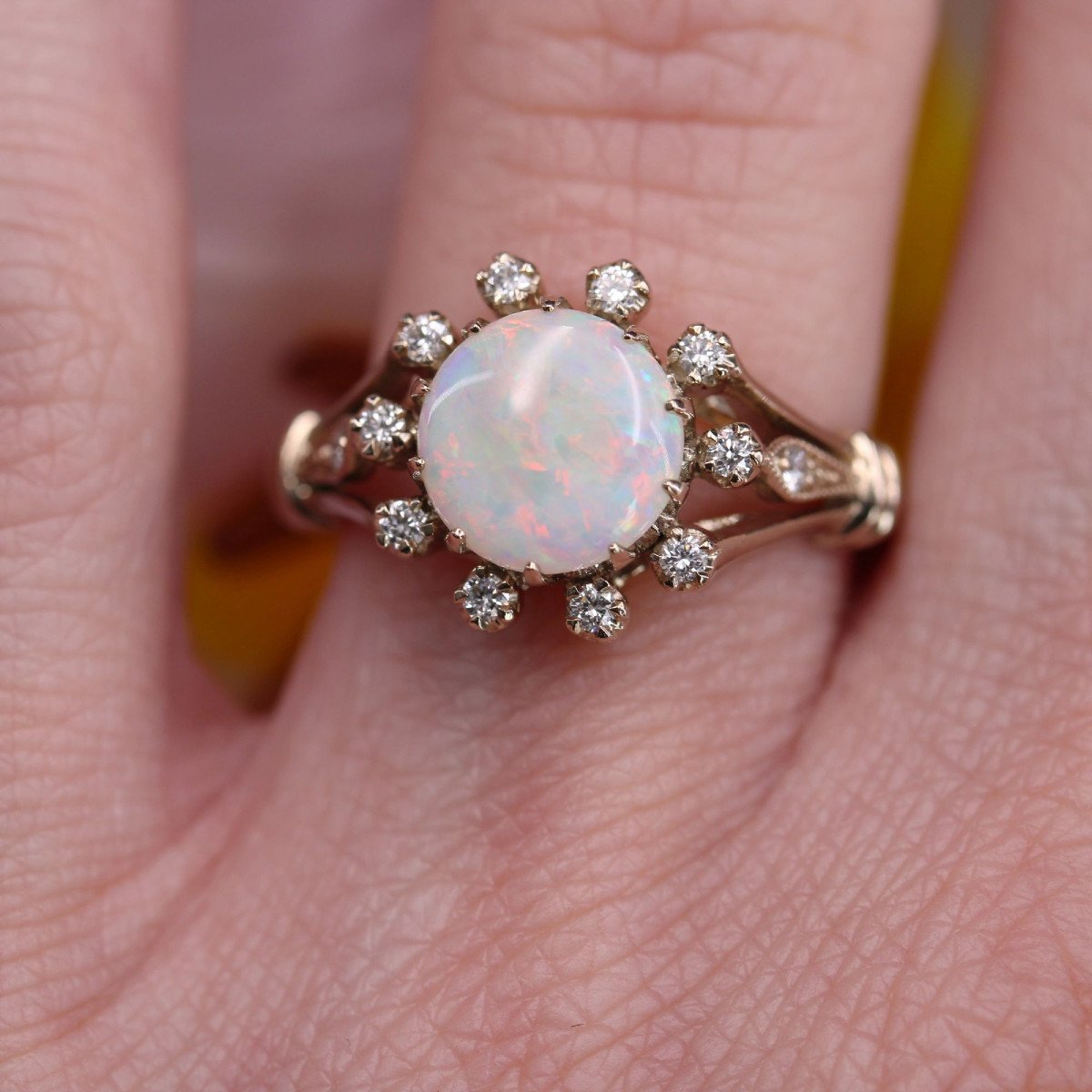 White Gold Round Opal Diamond Ring-photo-2