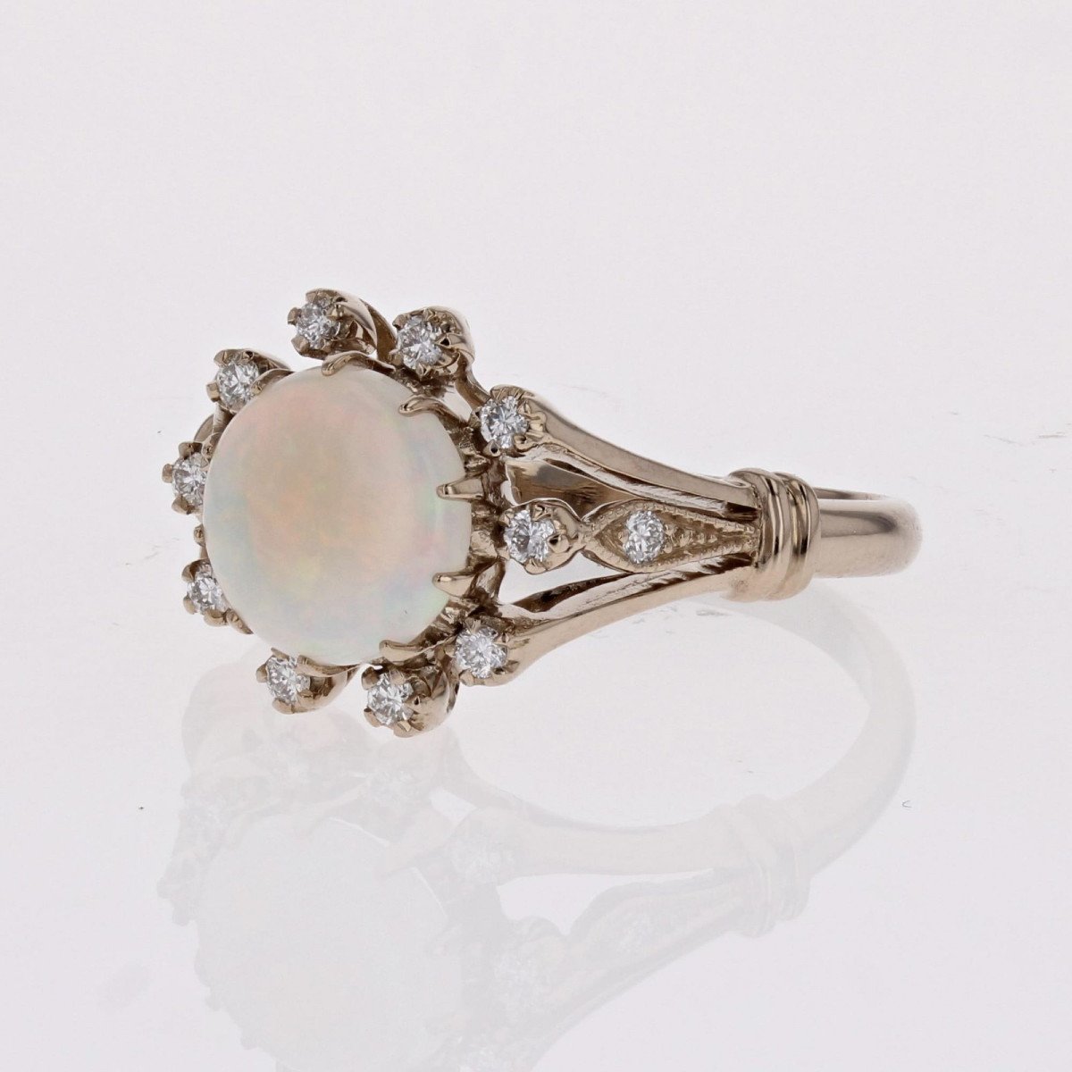 White Gold Round Opal Diamond Ring-photo-4