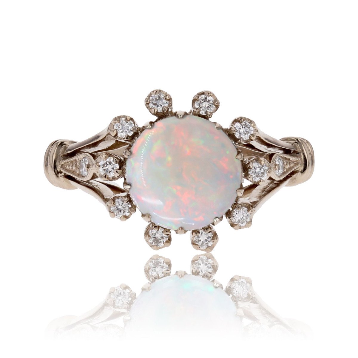 White Gold Round Opal Diamond Ring