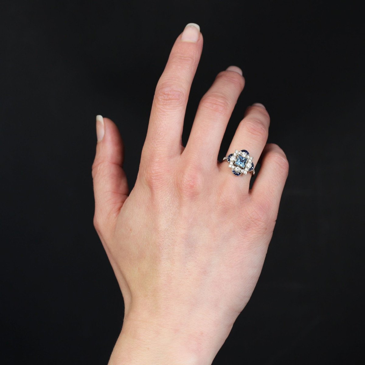 Art Deco Style Ring Aquamarine Diamonds Sapphires-photo-4