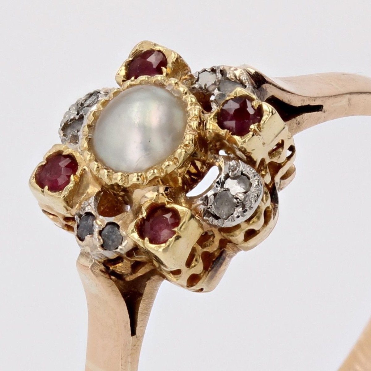 Bague Ancienne Perle Fine Rubis Et Diamants Taillés En Rose-photo-5