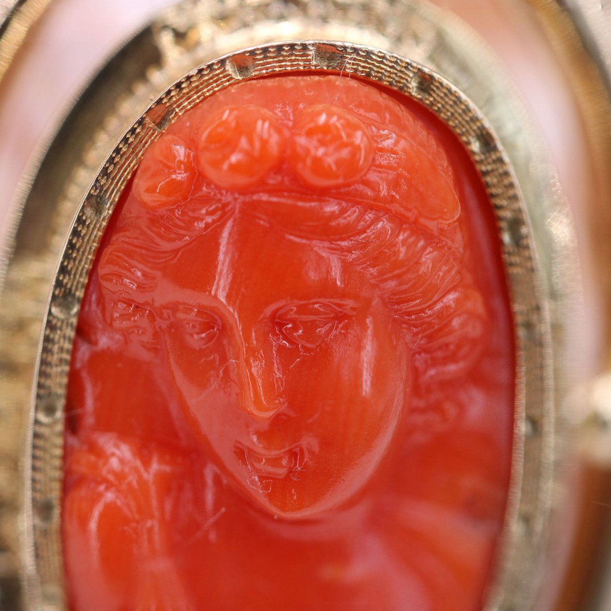 Old Coral Cameo Brooch In Gold-photo-4