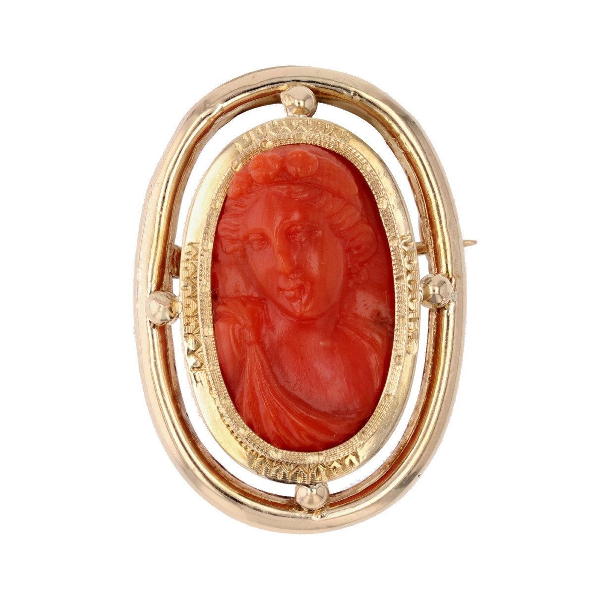 Old Coral Cameo Brooch In Gold