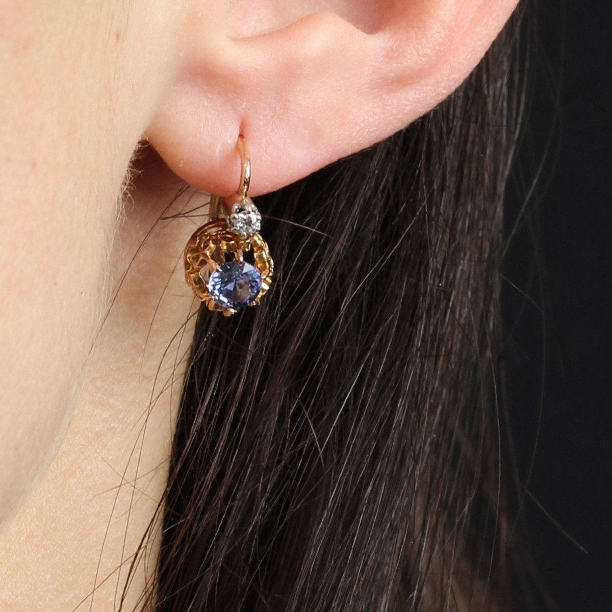 Antique Sapphire Diamond Sleeper Earrings-photo-5