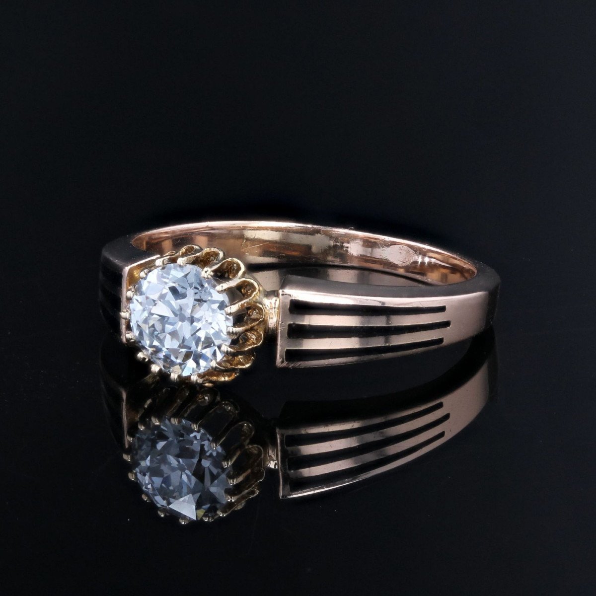 Old Solitaire Diamond And Black Enamel Ring-photo-3