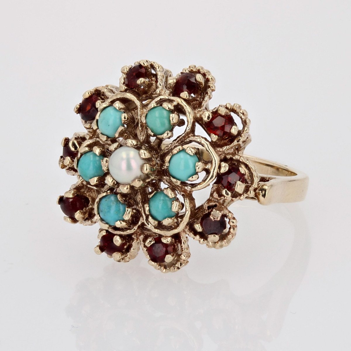 Bague Fleur Or Jaune Citrines Turquoises Perles-photo-3