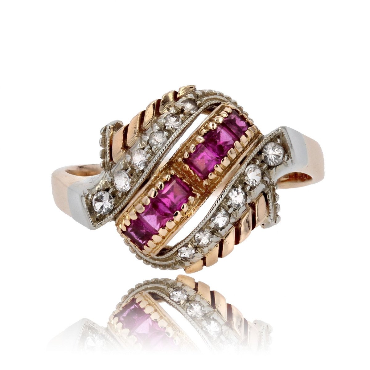 Retro Dome Ring With Synthetic Ruby And White Stones