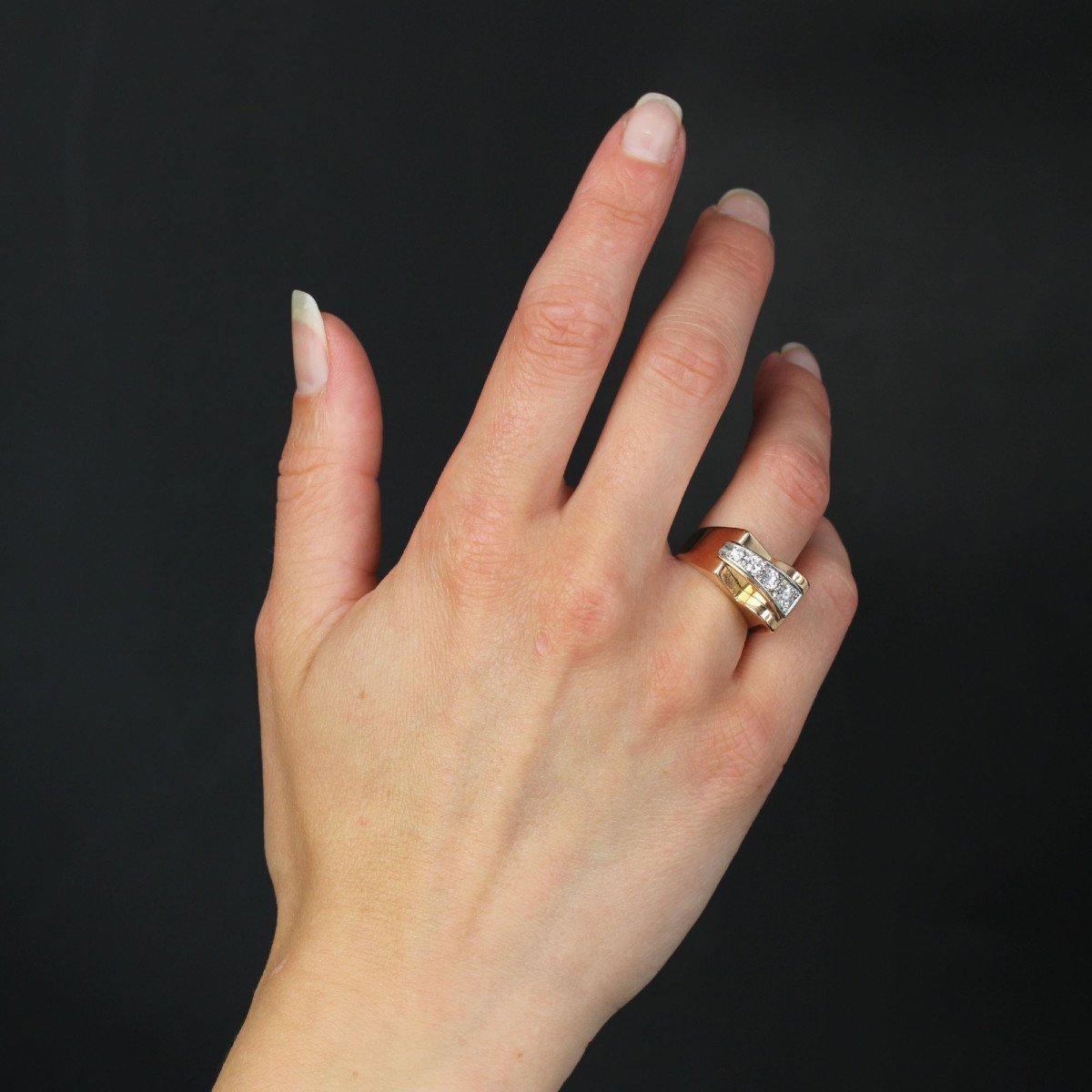 Rose Gold Asymmetric Diamond Tank Ring-photo-4