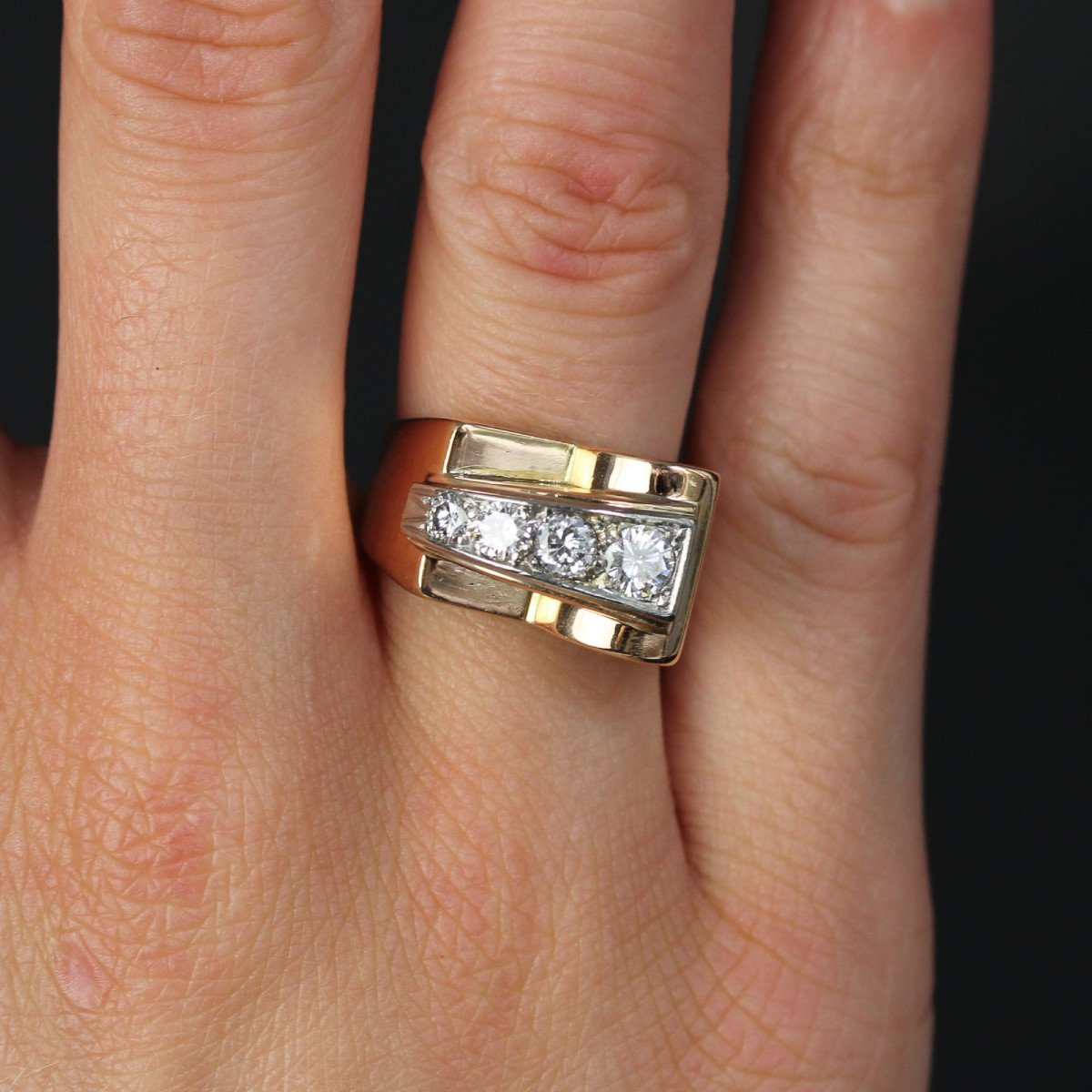 Rose Gold Asymmetric Diamond Tank Ring-photo-2