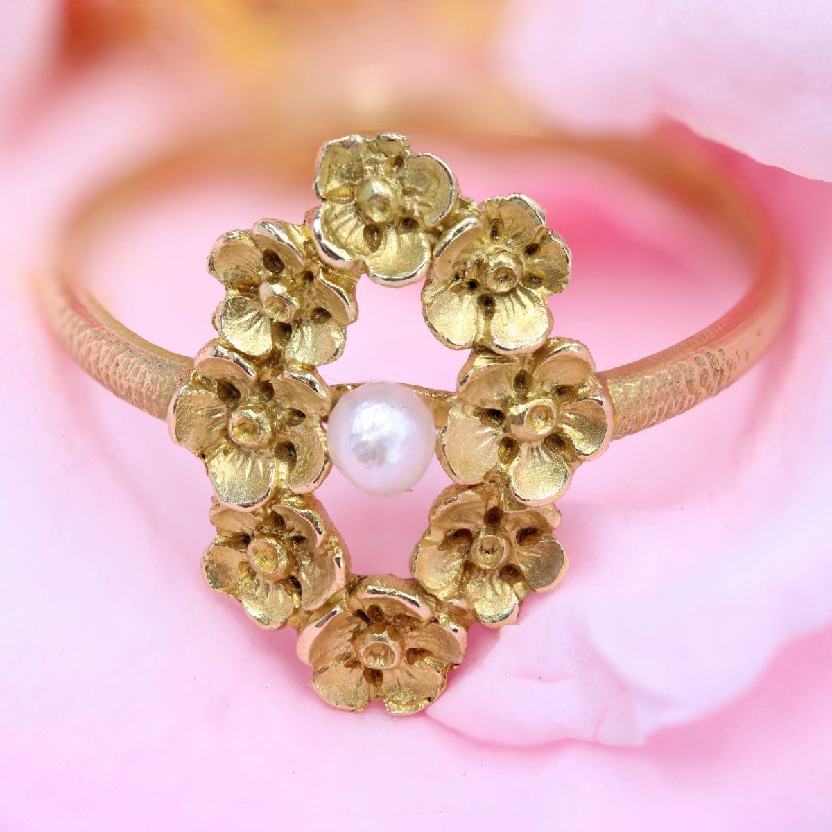 Bague Ancienne Art Nouveau Fleurs Et Perle Fine-photo-3