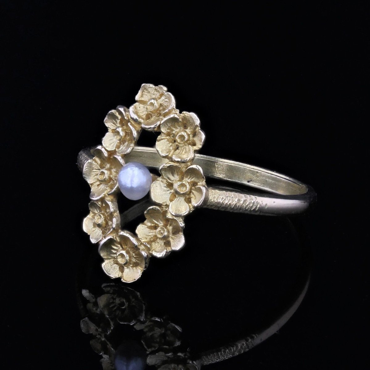 Bague Ancienne Art Nouveau Fleurs Et Perle Fine-photo-3