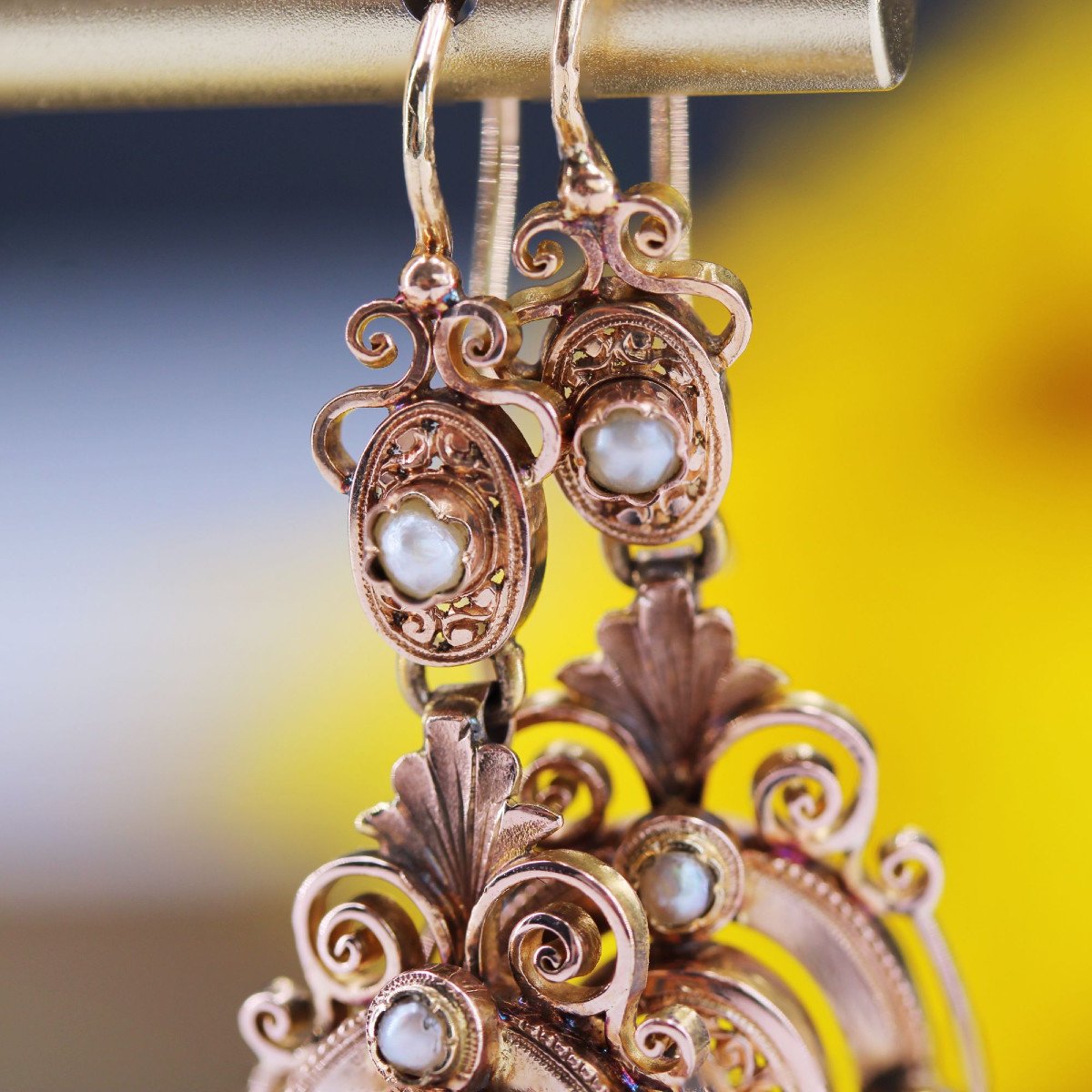 Pendants d'Oreilles Anciens Or Rose Et Perles Fines-photo-6