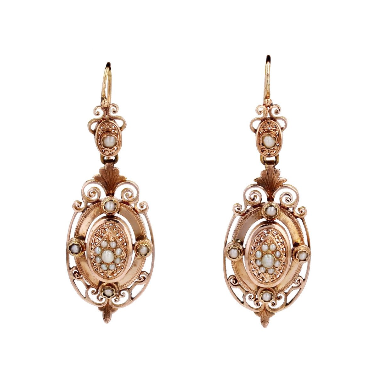 Pendants d'Oreilles Anciens Or Rose Et Perles Fines