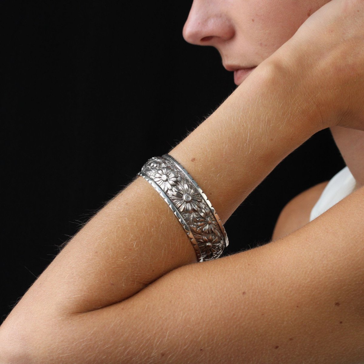 Bracelet Jonc Argent Gravures Fleurs-photo-2