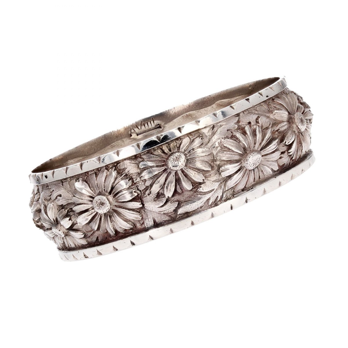 Silver Bangle Bracelet With Flower Engravings