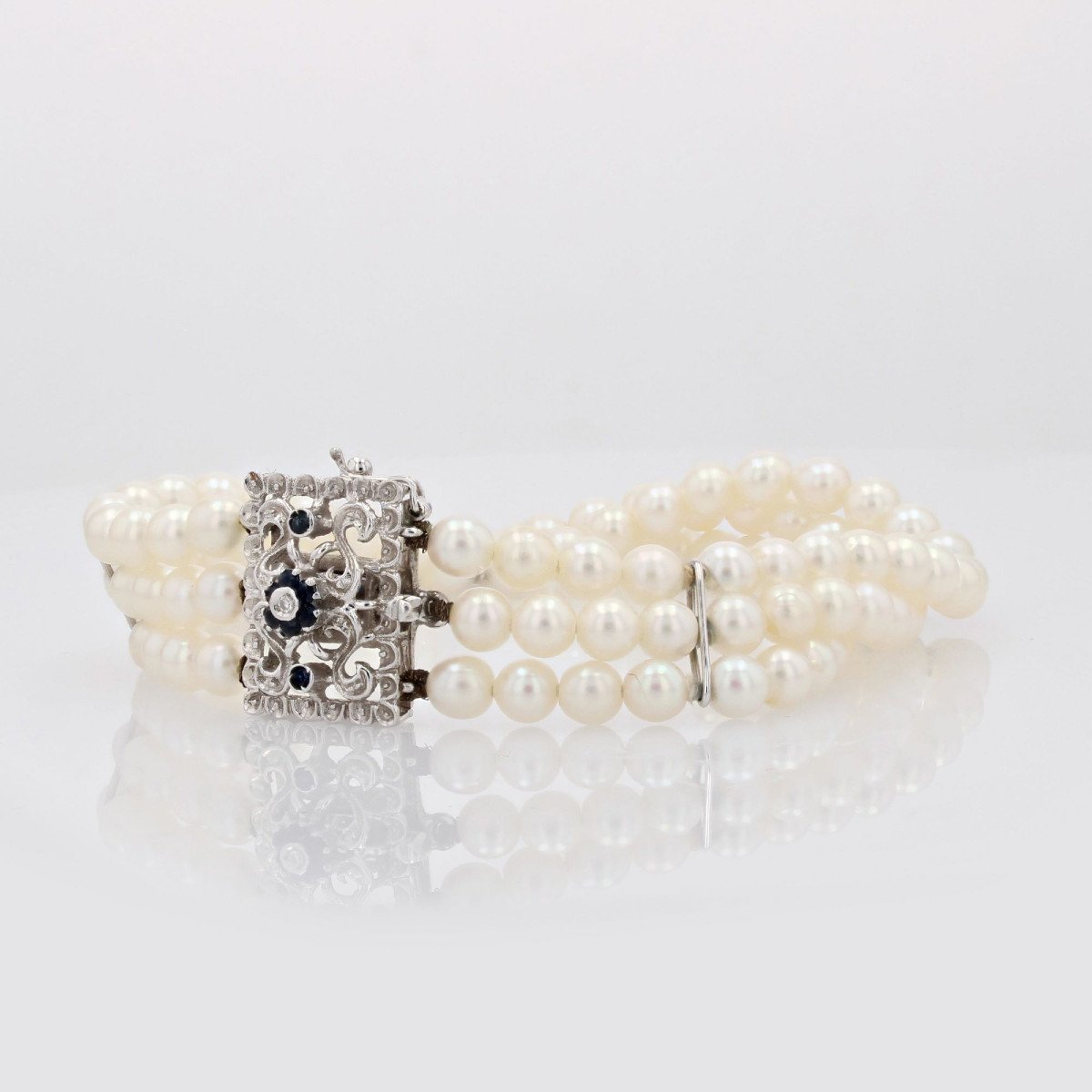 Bracelet 3 Rangs De Perles Et Son Fermoir En Or Blanc-photo-1