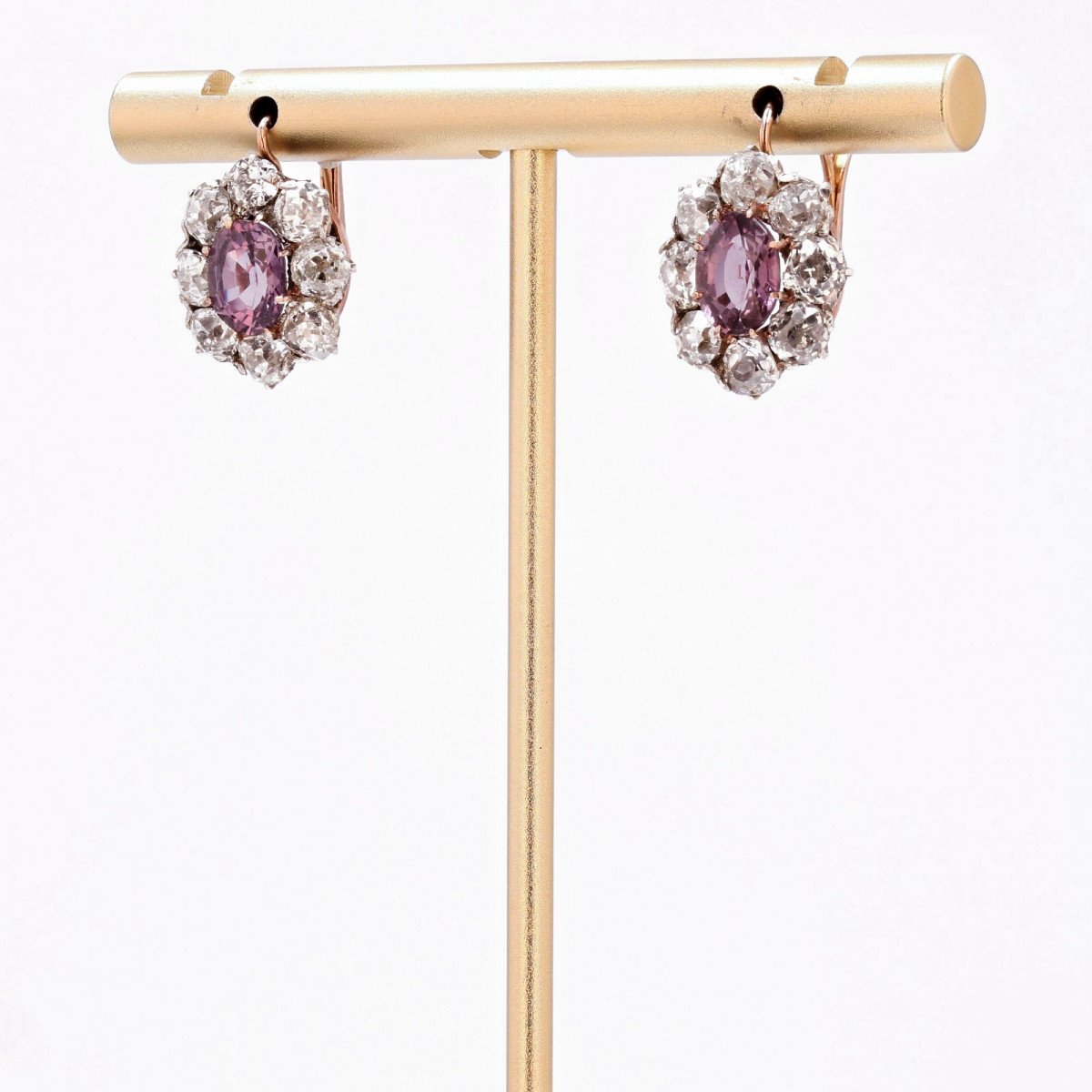 Boucles D’oreilles Anciennes Marguerites Saphirs Roses Et Diamants-photo-4