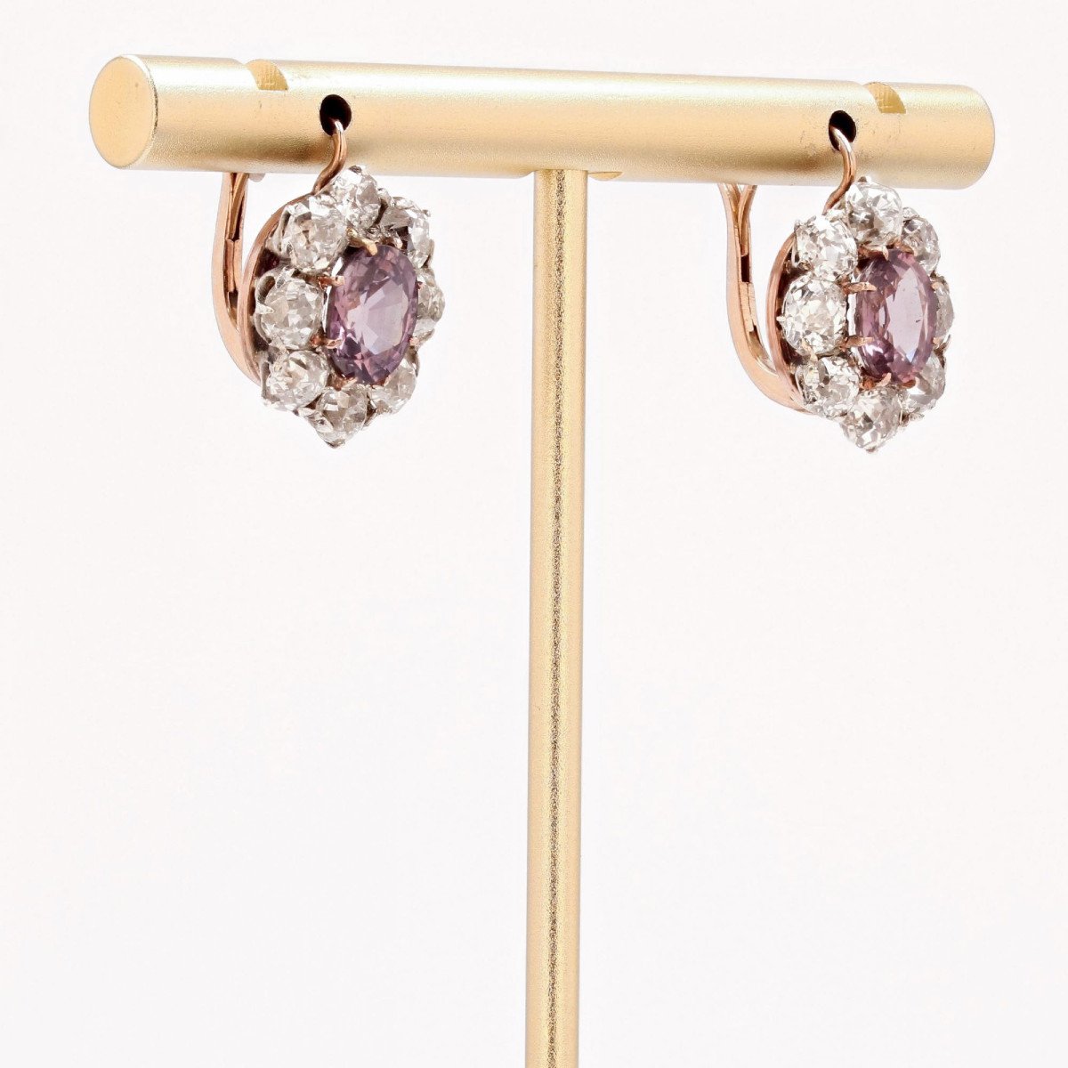 Boucles D’oreilles Anciennes Marguerites Saphirs Roses Et Diamants-photo-1