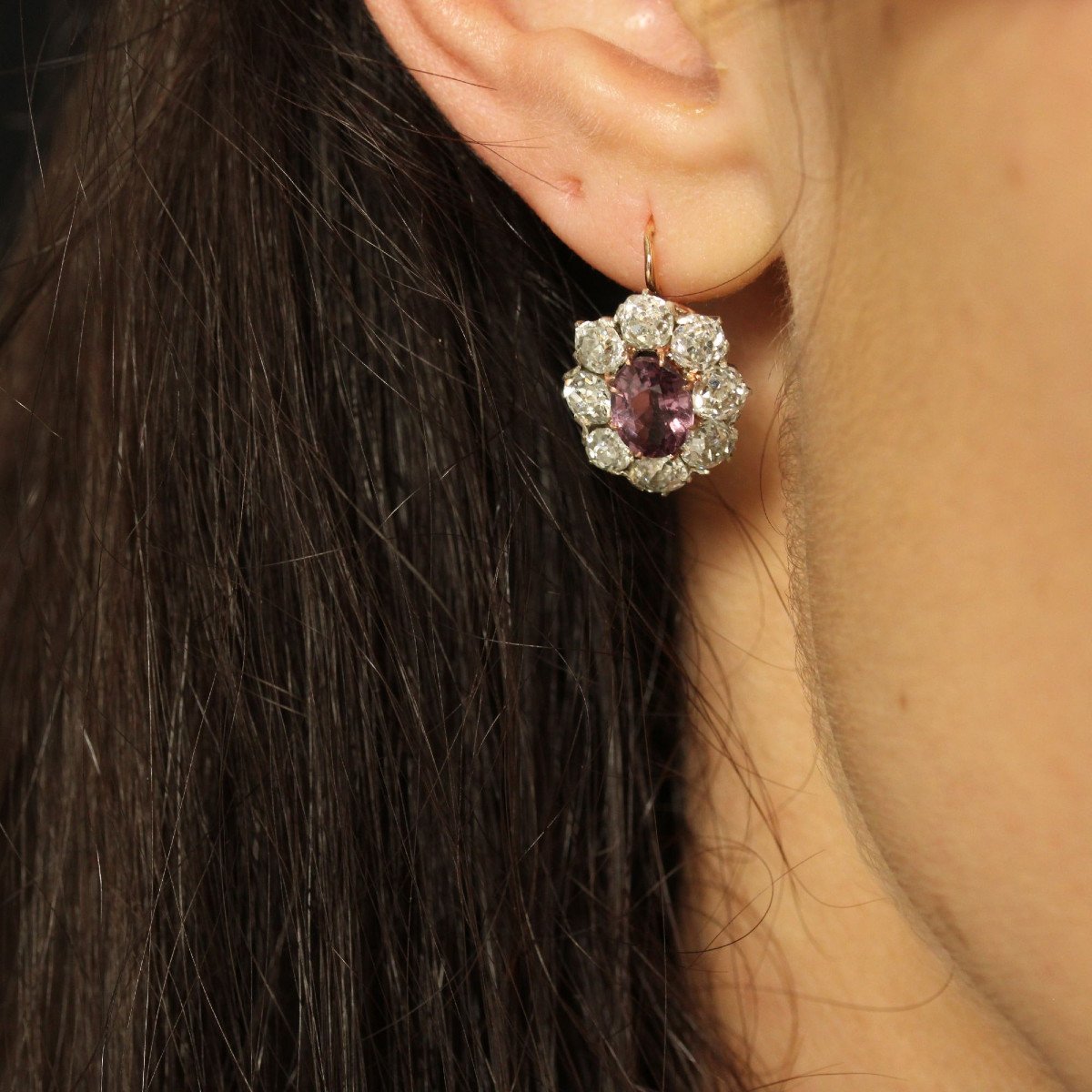 Boucles D’oreilles Anciennes Marguerites Saphirs Roses Et Diamants-photo-4