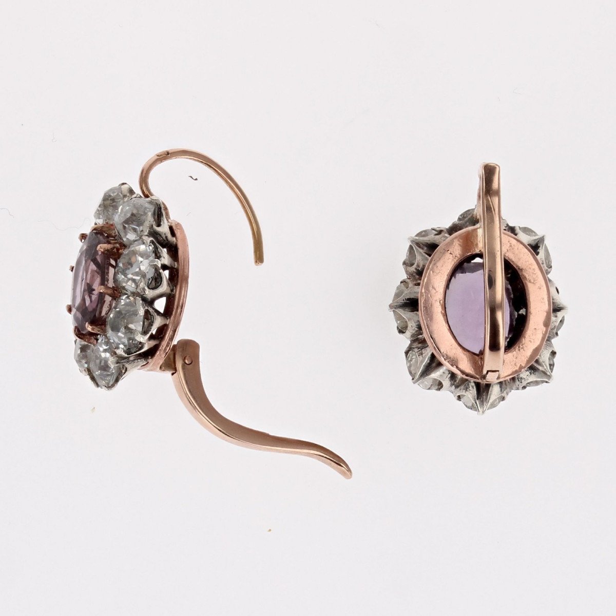 Boucles D’oreilles Anciennes Marguerites Saphirs Roses Et Diamants-photo-5