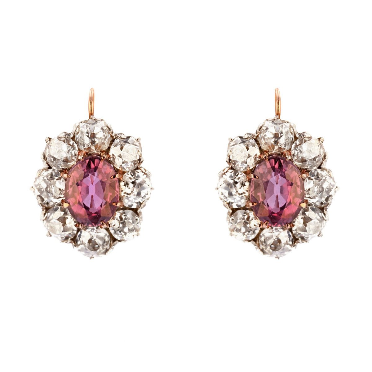 Boucles D’oreilles Anciennes Marguerites Saphirs Roses Et Diamants