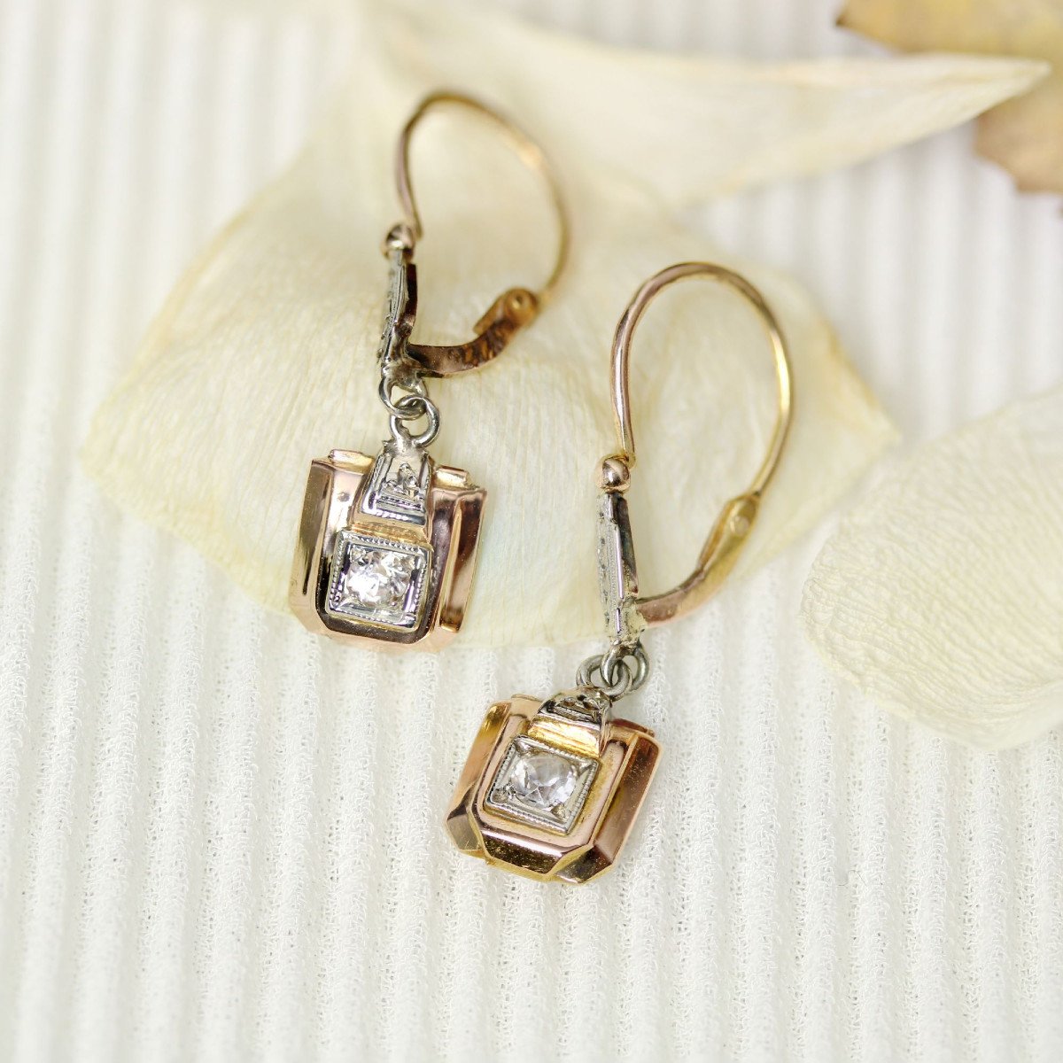 Art Deco Earrings 2 Golds White Sapphires-photo-3