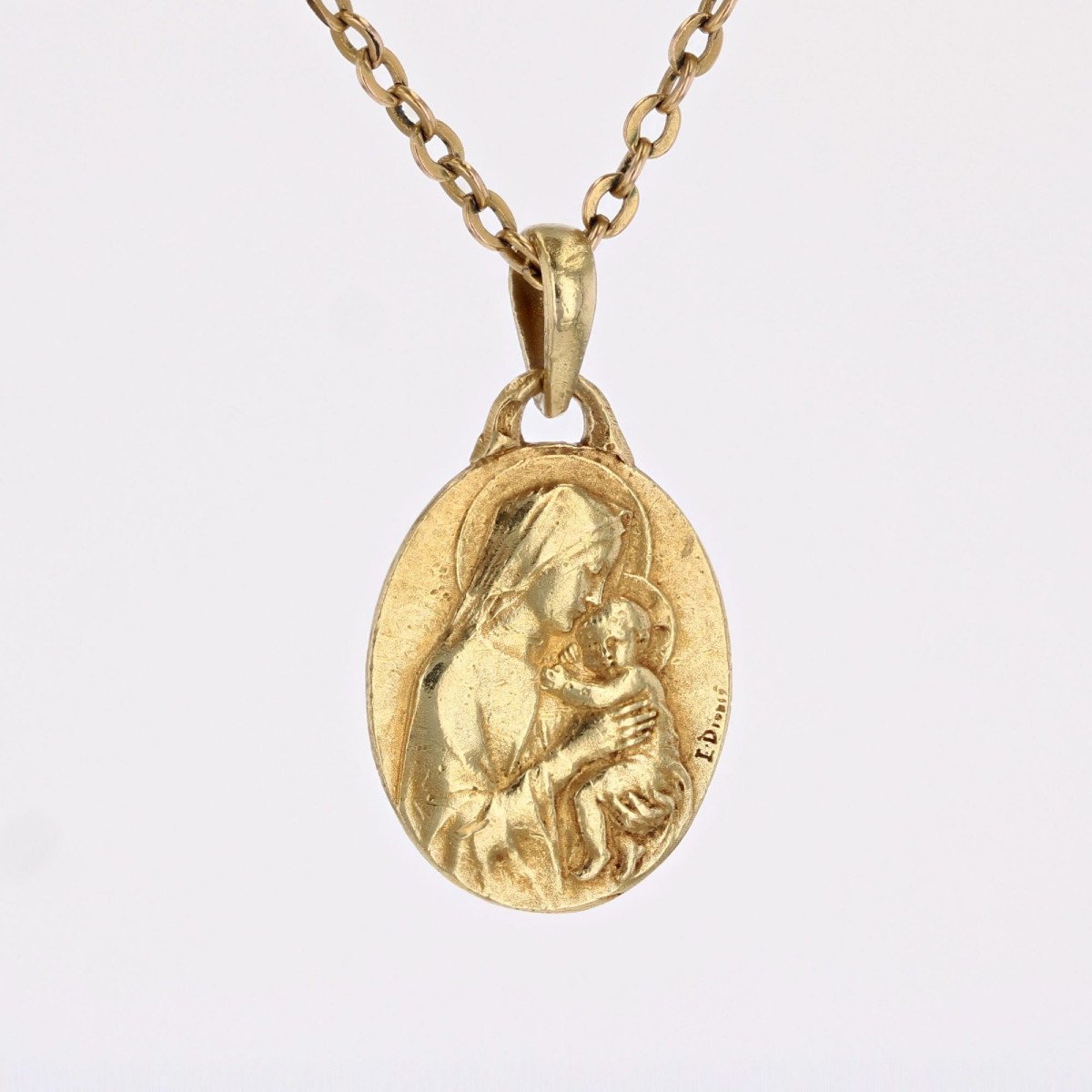 Antique Yellow Gold Medal Virgin And Child Signed Dropsy-photo-1