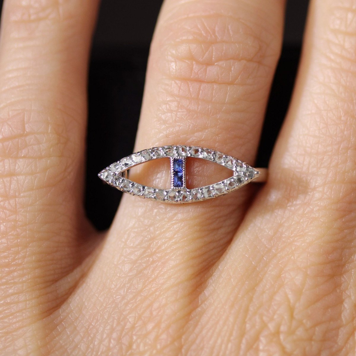 Antique Navette Ring With Rose Cut Diamonds And Sapphires-photo-2