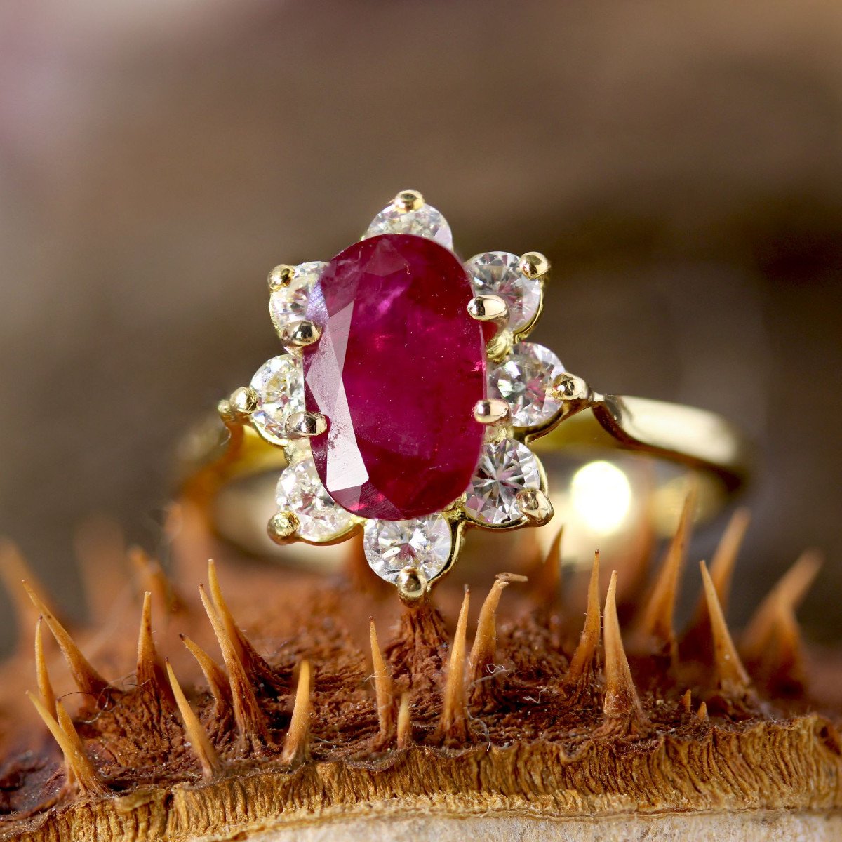 Yellow Gold Ruby Diamond Flower Ring-photo-3