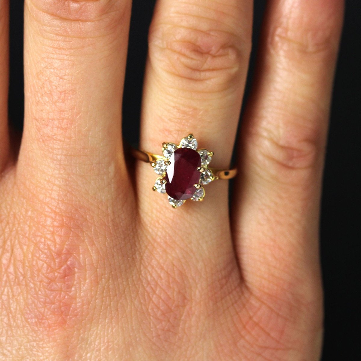 Yellow Gold Ruby Diamond Flower Ring-photo-2