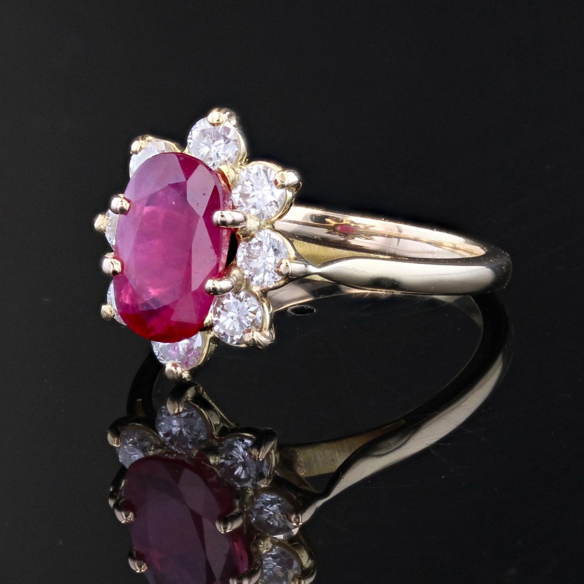 Yellow Gold Ruby Diamond Flower Ring-photo-3