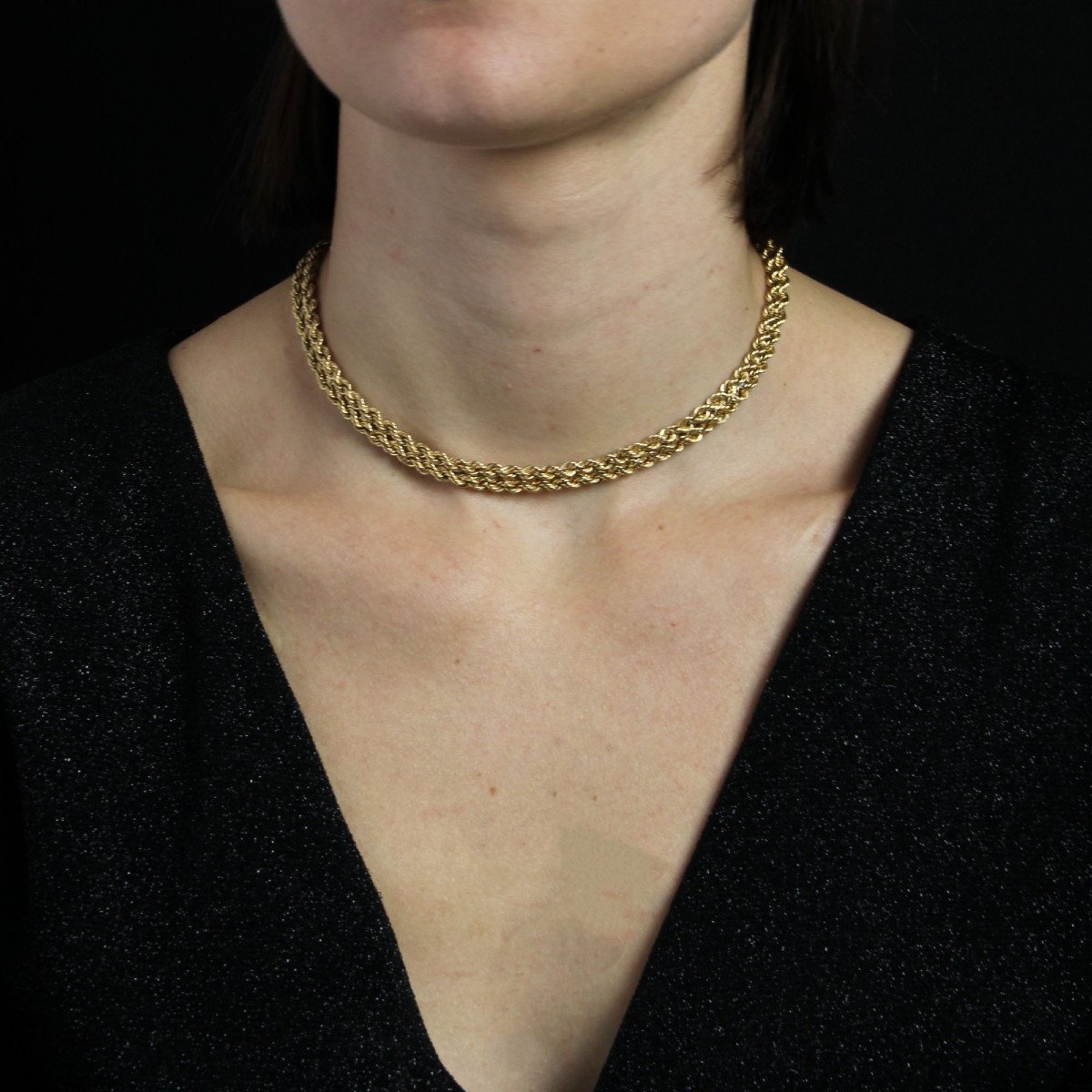 Yellow Gold Long Twisted Mesh Necklace-photo-4