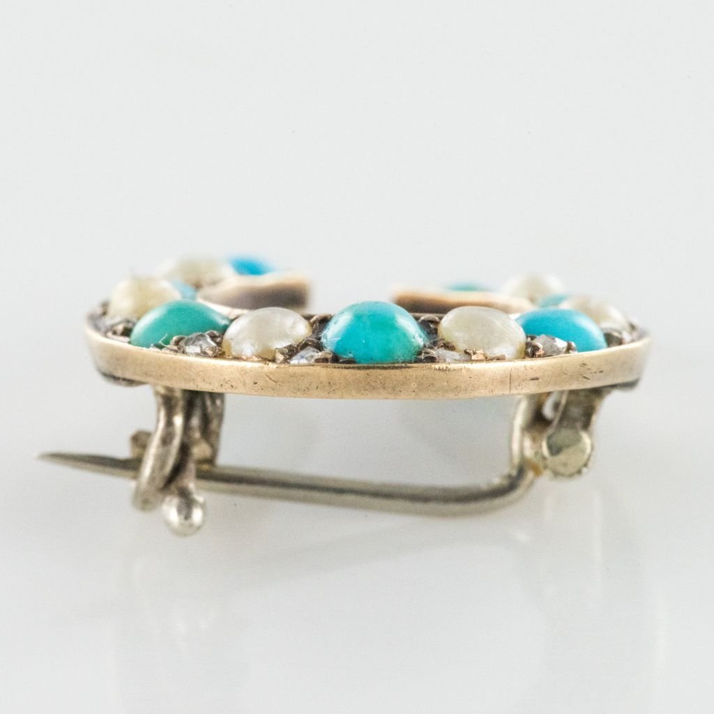 Brooch Horseshoe Turquoises Beads Fine Diamonds-photo-2