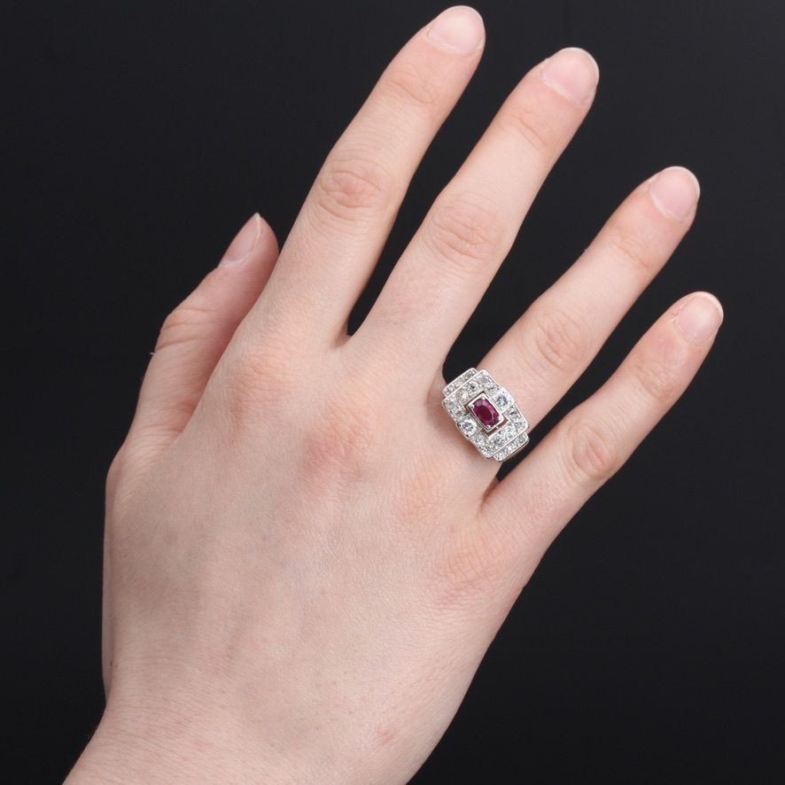 Art Deco Platinum Ruby Diamond Ring-photo-2