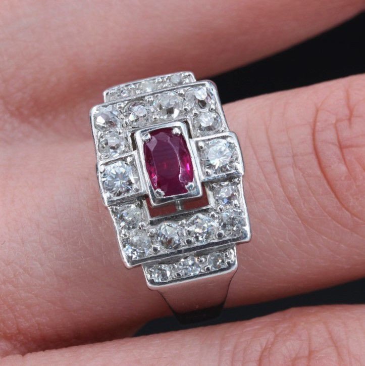Art Deco Platinum Ruby Diamond Ring-photo-5