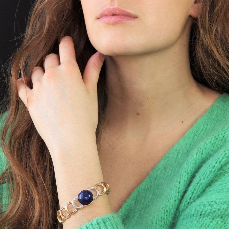 Gold Bracelet With Diamonds And Its Lapis Lazuli Cabochon-photo-2